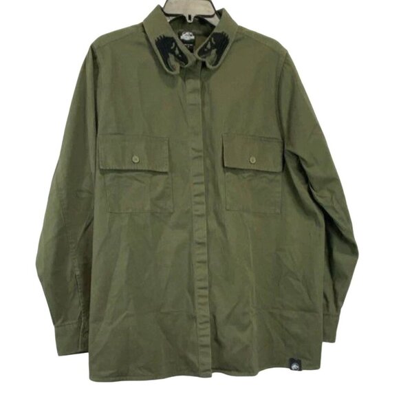 Jurassic Park World Khaki Button-up Top w Dinosaur Skulls, Cosplay Unisex Retro - Picture 1 of 9